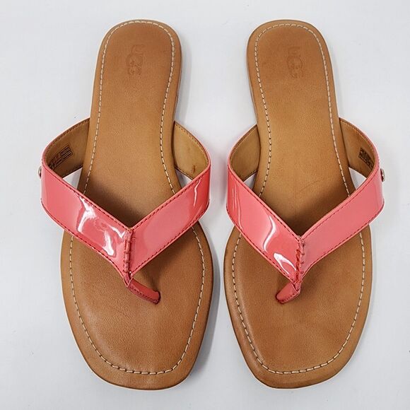 Ugg Thong Sandal Women's 9 Tuolumne Patent Flip Flop Neon Pink Logo Rivet EUC - Picture 4 of 11